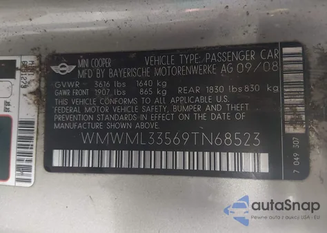 2009 Mini Cooper Clubman z USA, uszkodzony, nr VIN WMWML33569TN68523